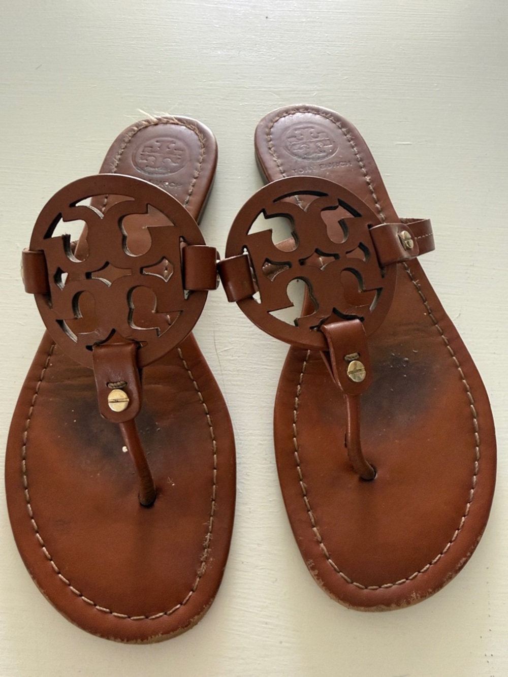 Tory Burch Brown Leather Logo Cutout Thong Sandals